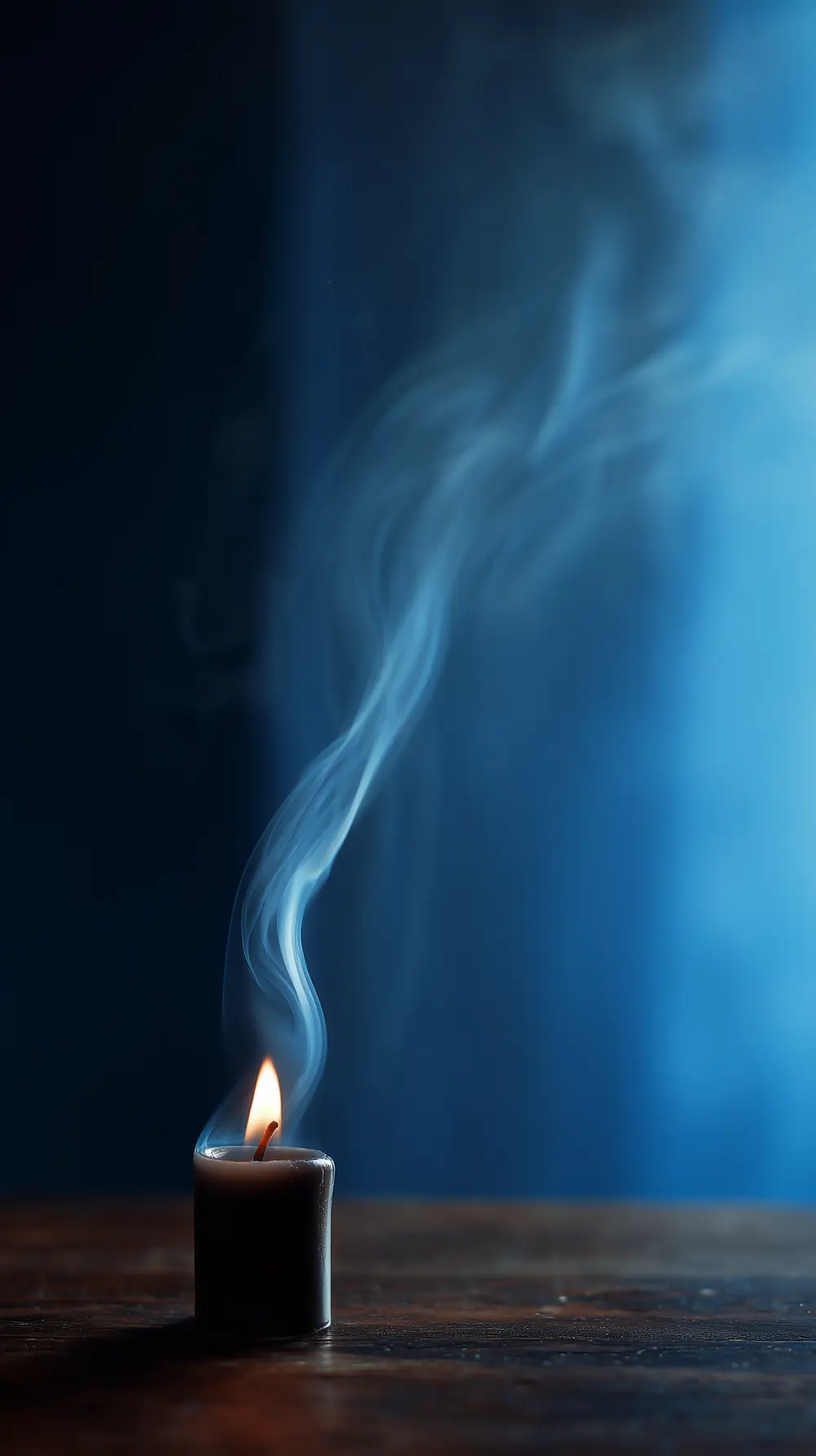 A candle just blown out, smoke rising in blue light