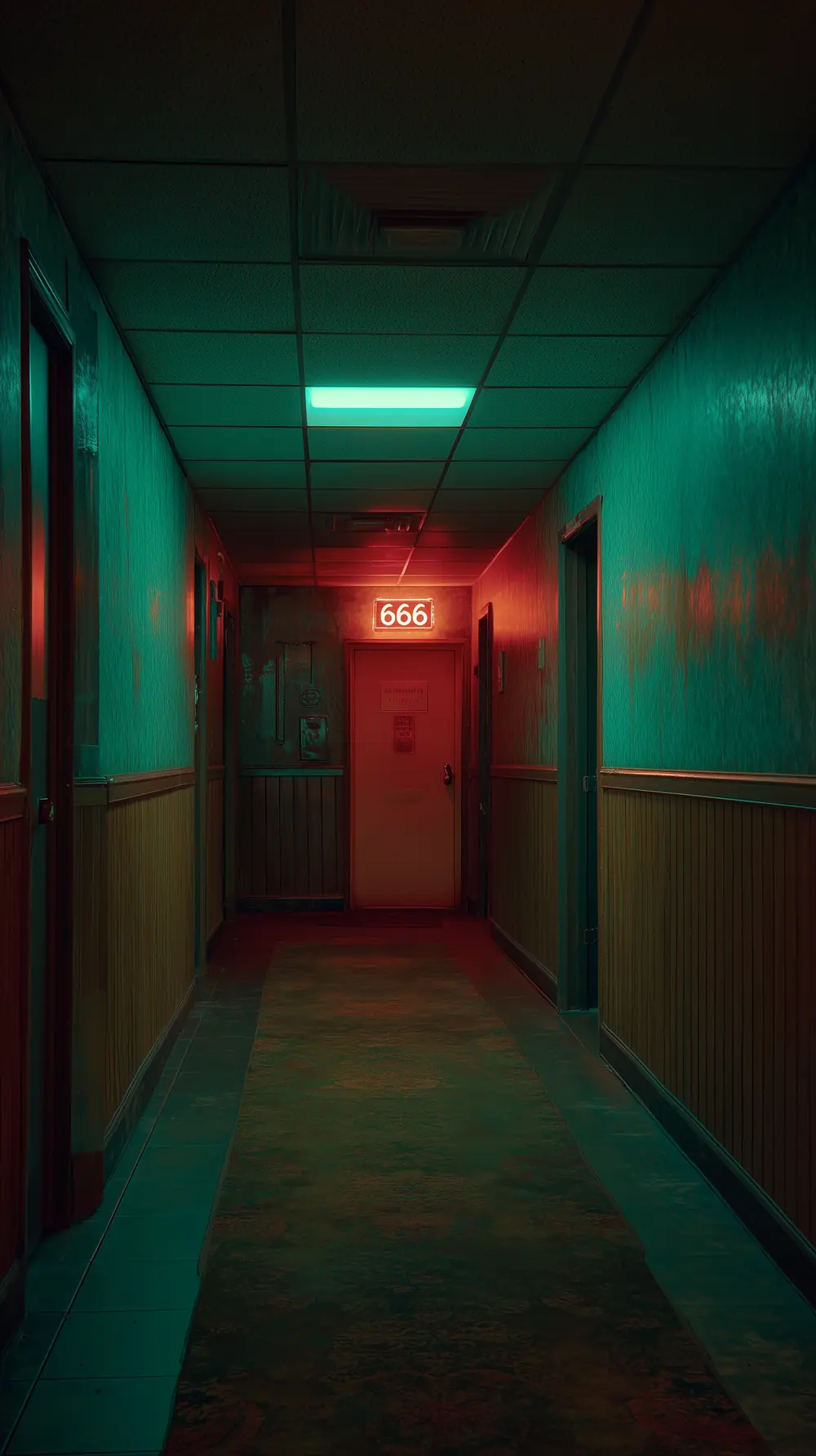 A motel corridor lit in red and teal