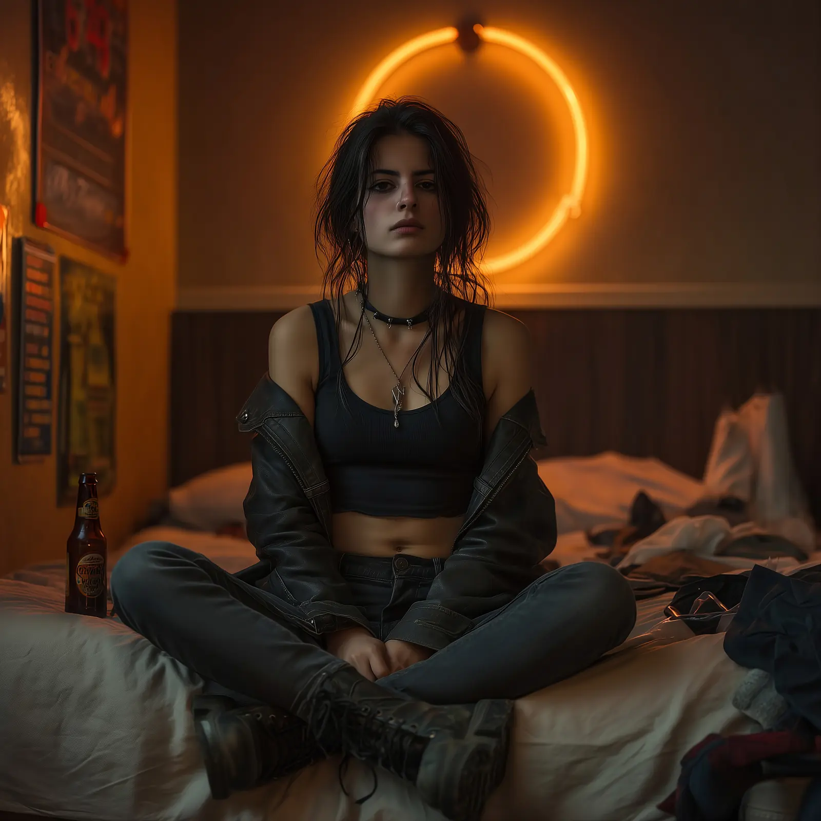 Ginevra sitting on a motel bed under a ring of orange neon