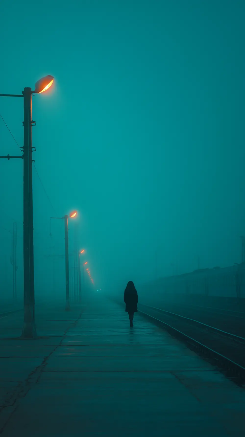 An empty railway platform in the fog
