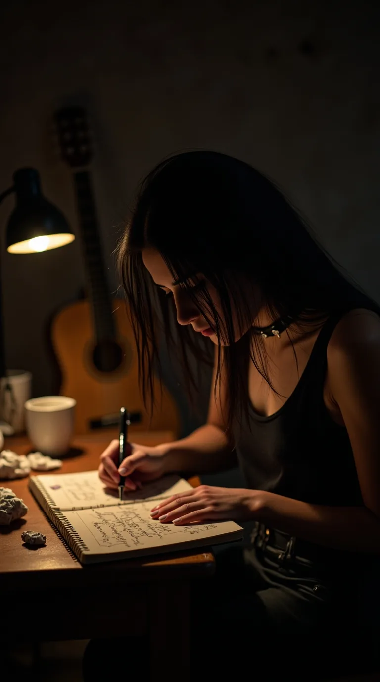 Ginevra schreibt im Lampenlicht einen Songtext in ein Notizbuch, hinter ihr eine Gitarre